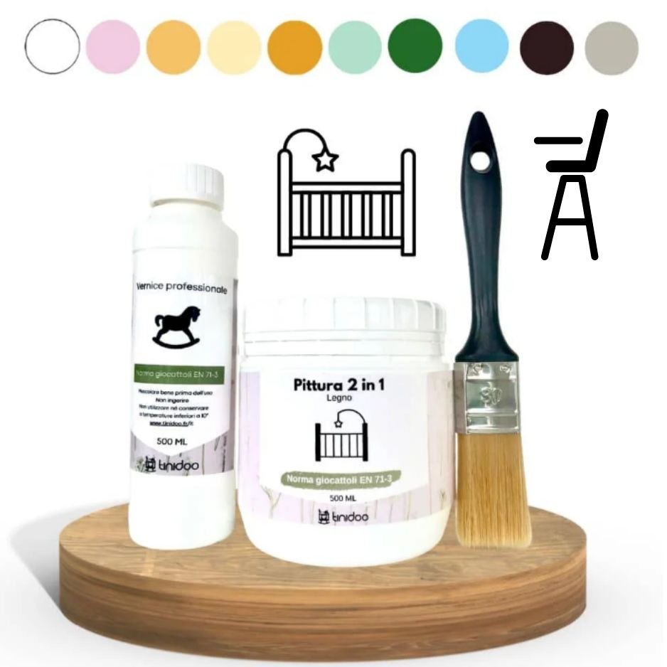 KIT Pittura + Vernice + Pennello - Ristrutturazione lettino o un seggiolone per bambini