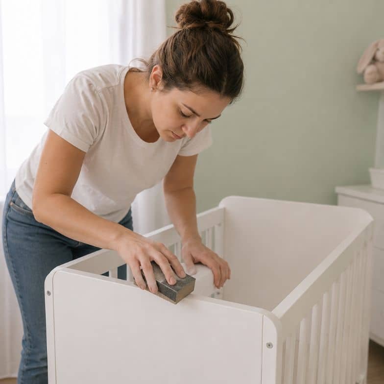 femme ponce un lit bébé